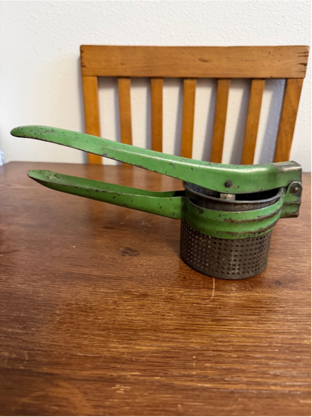 Vintage Green Metal Potato Ricer Fruit Press Masher Kitchen Tool Farmhouse Decor